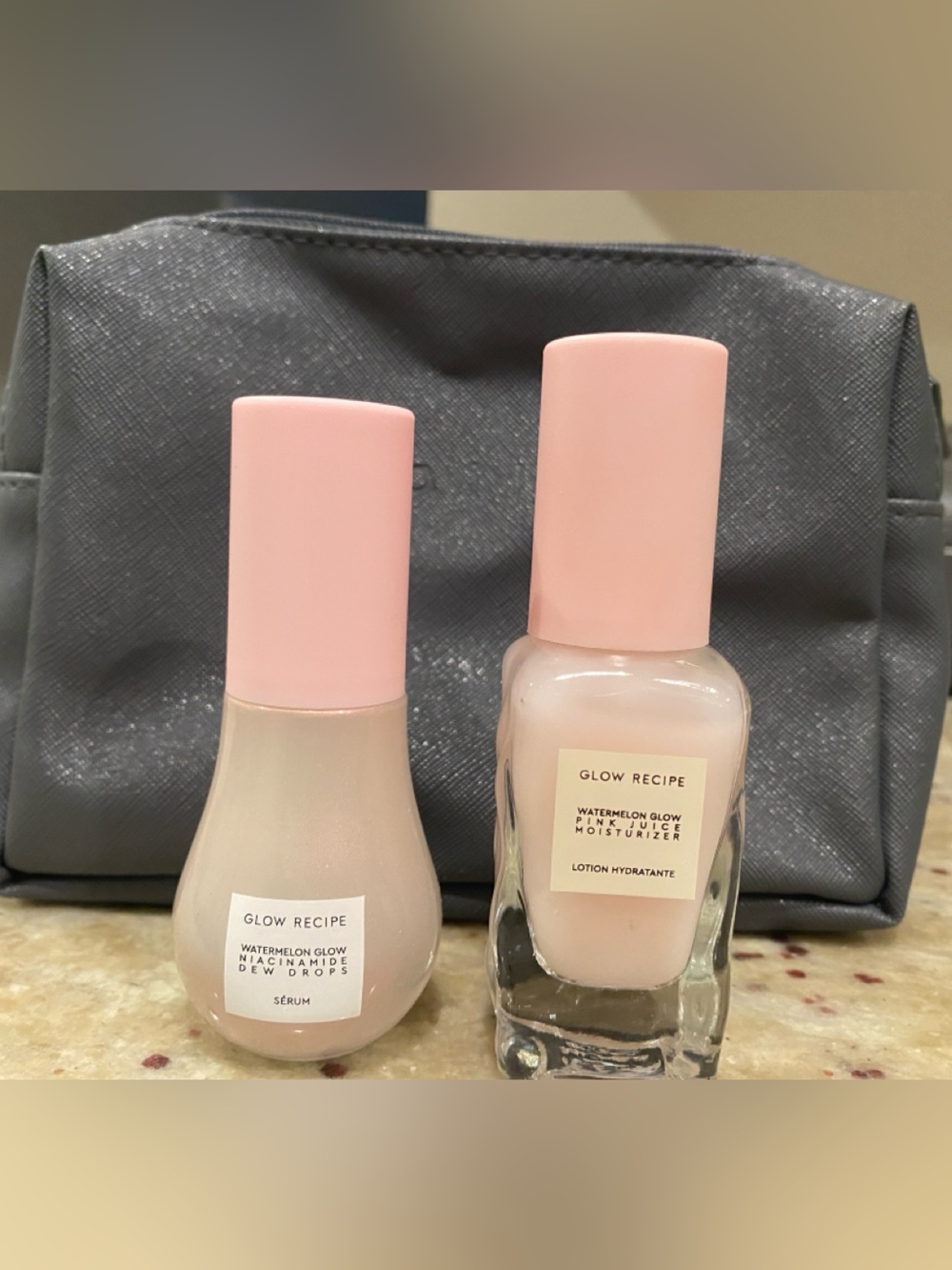 Glow Recipe Pink Primer & Hydrating Serum Duo with Mally makeup pouch.